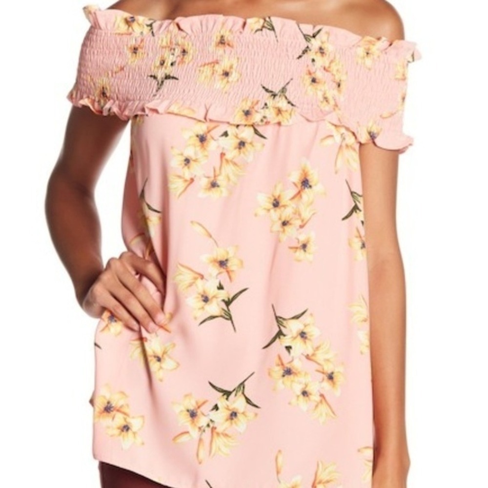 Coverstitched Pink Floral Off The Shoulder Smocked Ruffle Blouse Top Medium